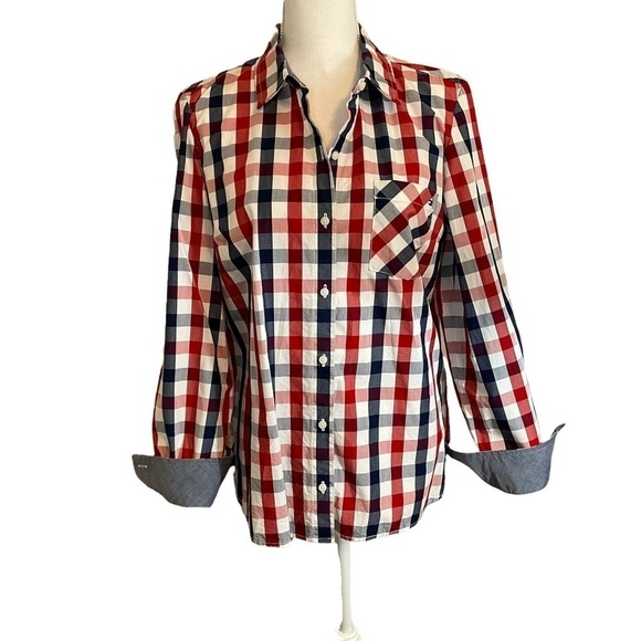 Tommy Hilfiger Red White Blue Roll Tab Check Poplin Button Down Shirt Top  Med. - Picture 4 of 16